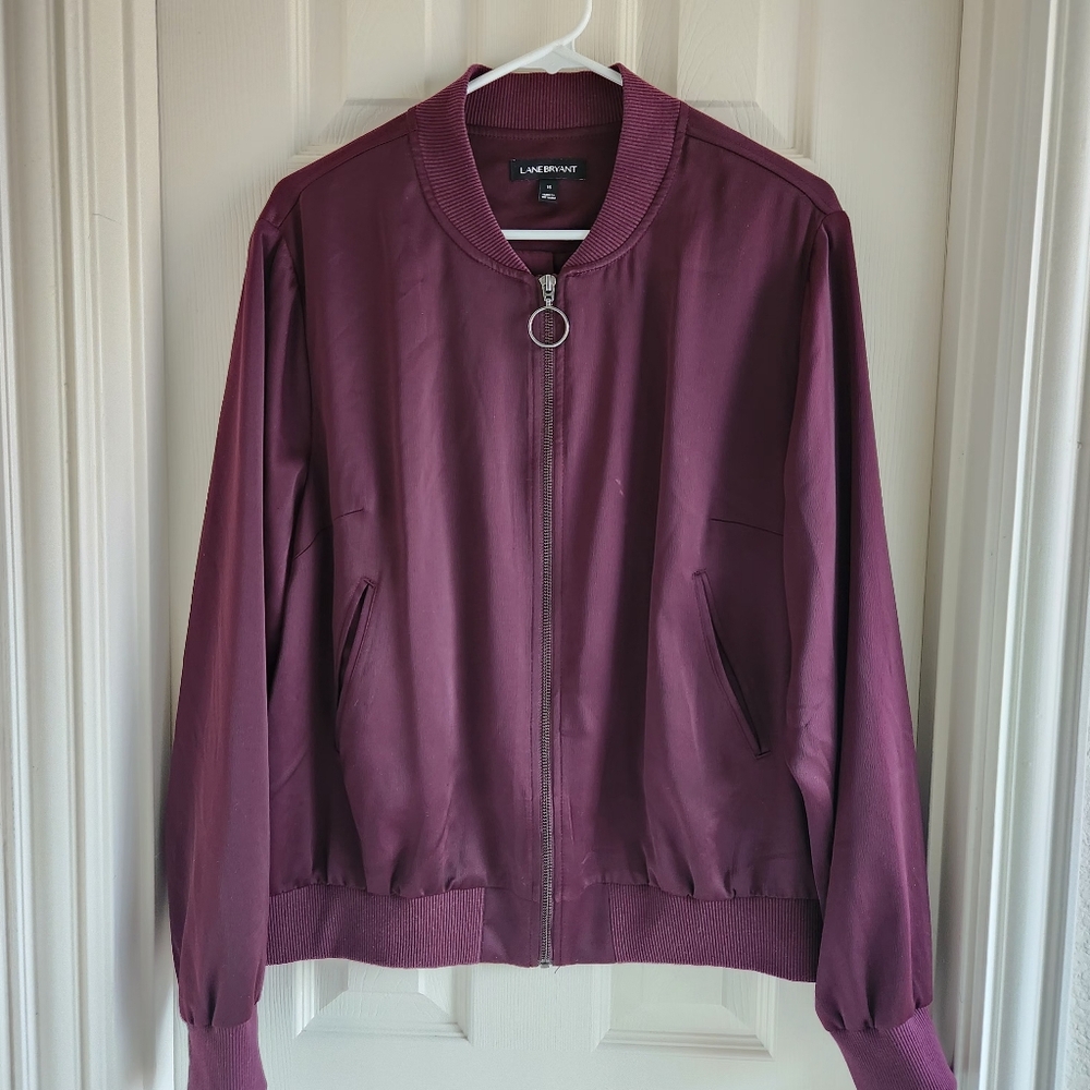 Lane Bryant Satin Bomber Jacket O-Ring Zipper Pull Athleisure Plum Size 16